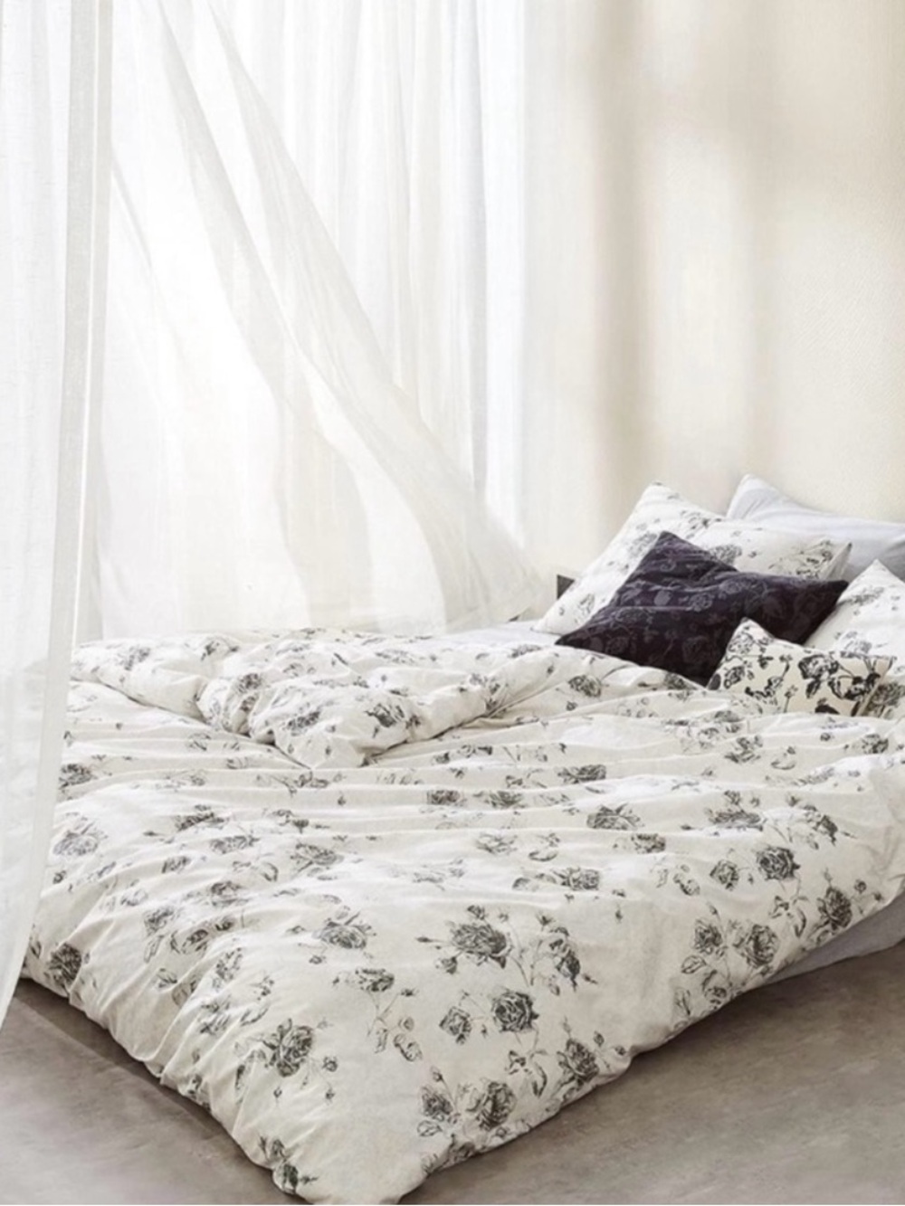 CALVIN KLEIN 100% Organic Cotton Black Floral Duvet Cover & 2 Shams~Queen Size